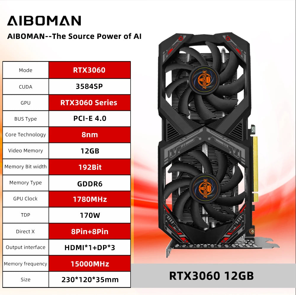 AIBOMAN Graphics Cards GeForce RTX 3060 12GB NVIDIA GPU GDDR6 192bit 8Pin PCI-E 4.0 x16 rtx3060 12gb Suitable for gaming   5.0   4 Reviews   ౹   11 sold